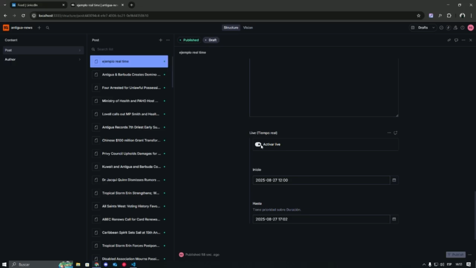 Integracion de Sanity a web de noticias - Astro